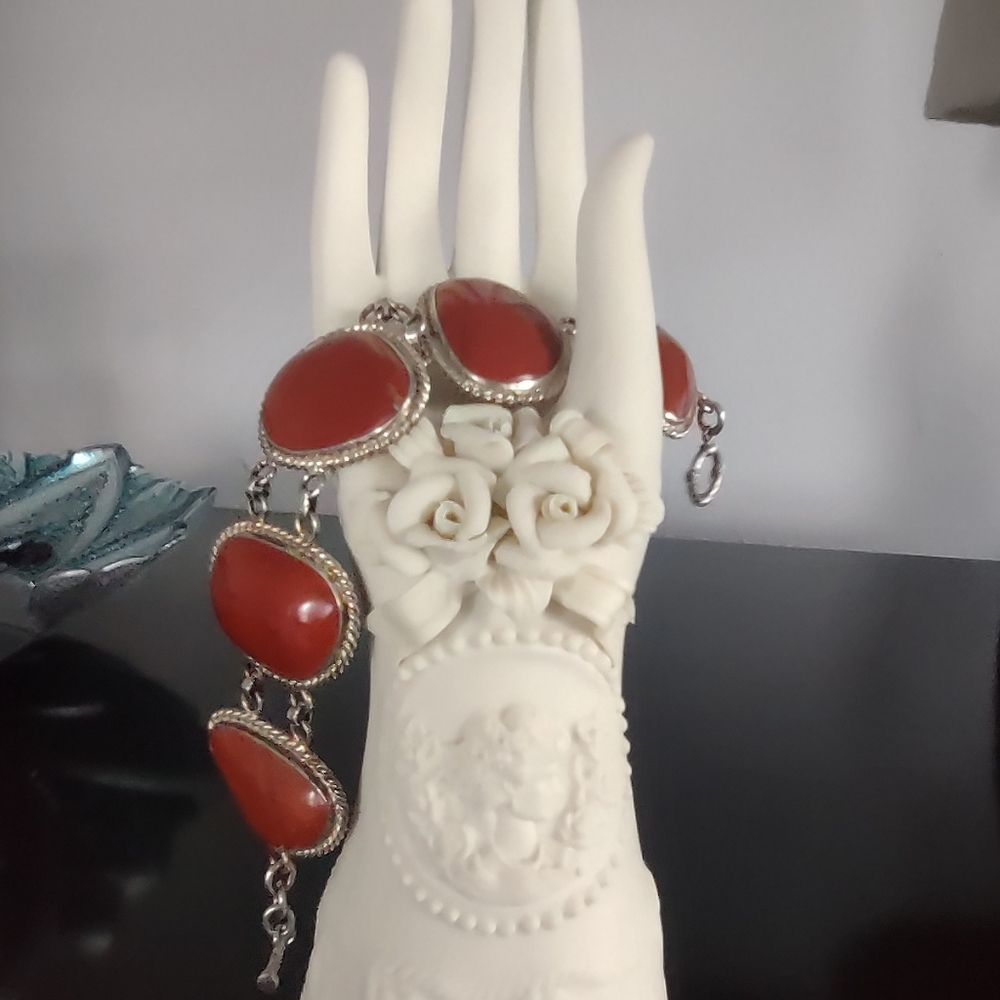 Native American Red Coral and sterling silver bracelet, marked 925.